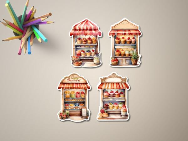 Dekorative Aufkleber mit Cupcakes und Desserts in Marktständen – handgefertigt im Aquarellstil